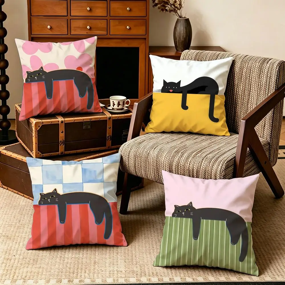 Lazy Black Cat Cushion Cover Soft Velvet 50x50 45x45 Zipper Pillowcase Home Decor