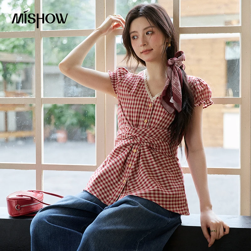 

MISHOW Women's Lace V-neck Puff Sleeves Plaid Blouses 2026 Summer Fashion Button Belt Waist Tops Female Clothing MXE36X1814
