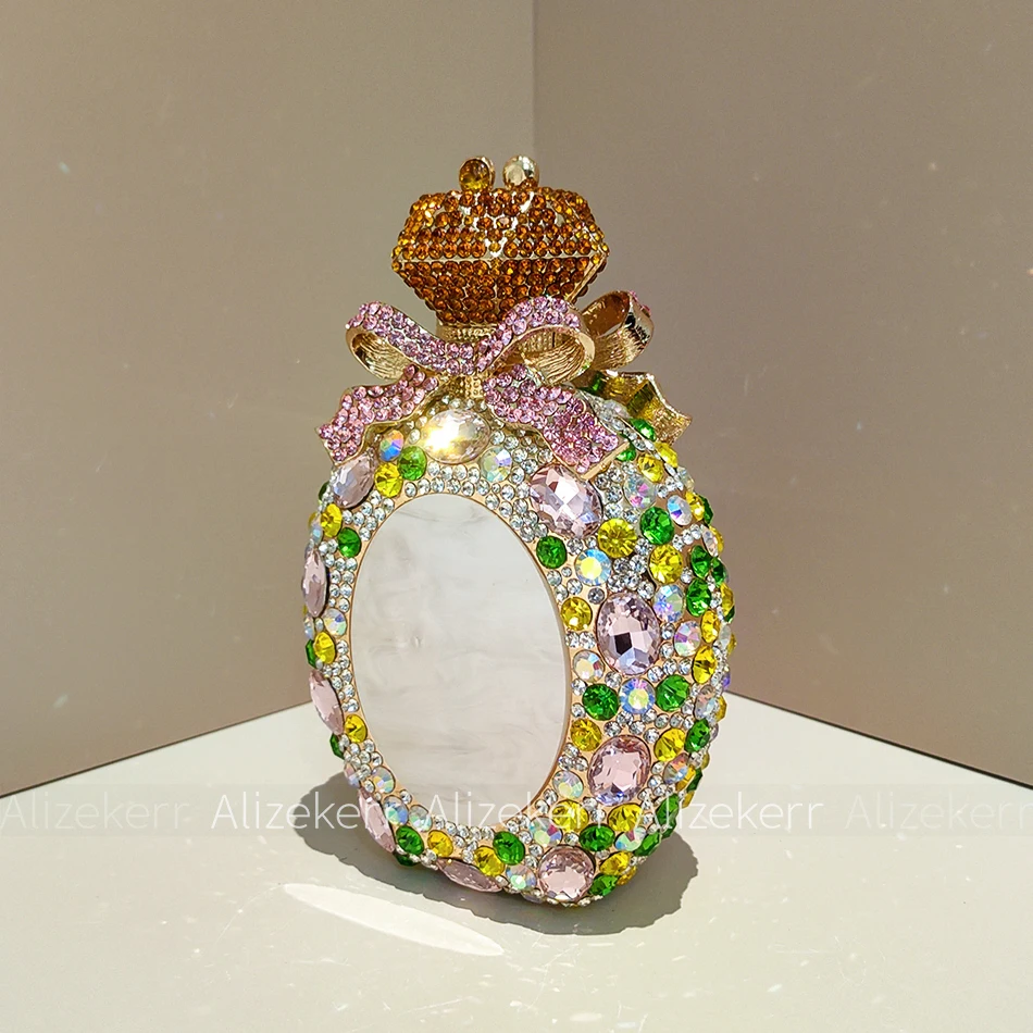 Alizekerr Perfume Bottle Shaped Crystal Evening Bags Women Boutique Diamond Bow Metal Clutch Purses And Handbags Wedding Party