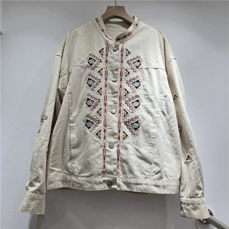 Vintage Beaded Sequins Embroidery Casual Women Denim Jacket Blue Apricot Stand Collar Single-Breasted Long Sleeve Jeans Jackets