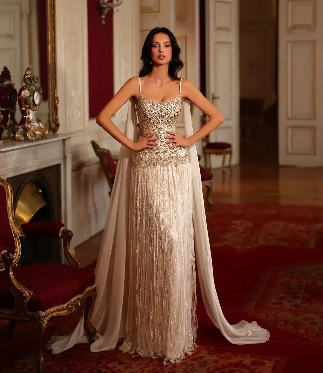 

Ofherown Champagne Spaghetti Strap Evening Dress Women Luxury Beaded Prom Gown with Chiffon Cape Formal Party Gown Customized