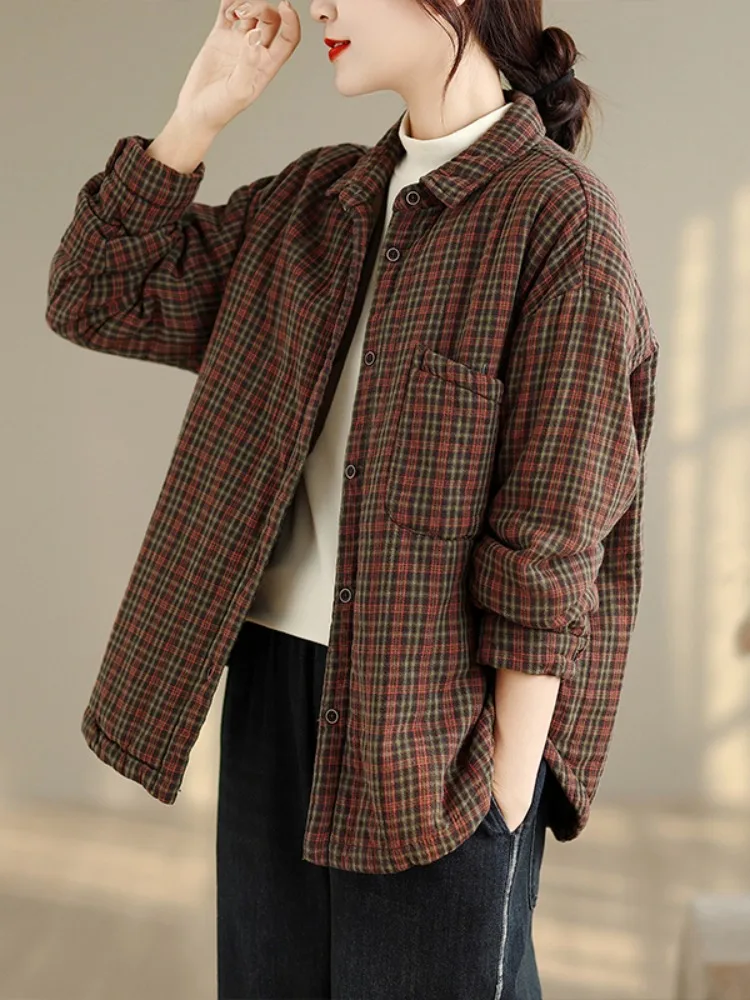 

Хлопковая куртка в клетку в стиле ретро, женская свободная повседневная утягивающая теплая длинная хлопковая куртка све, верхняя часть тела, художественная одежда для поездок на работу