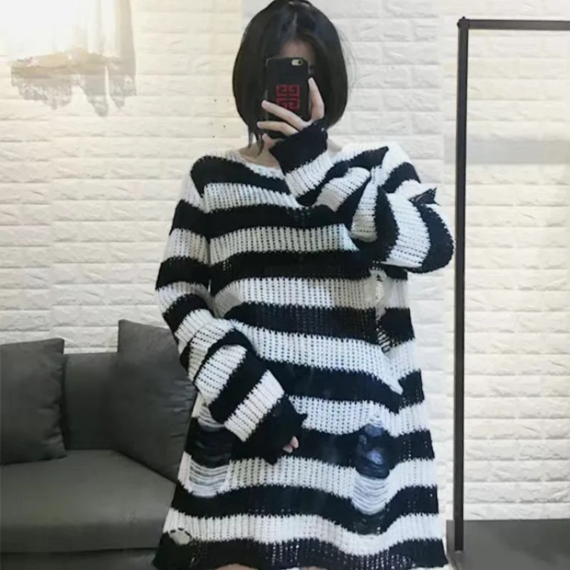 

Anime Manga Nana Okazaki Cosplay Shinichi Costume Unisex Stripe Knitted Sweater Ripped Irregular Sweaters Top Clothes Halloween