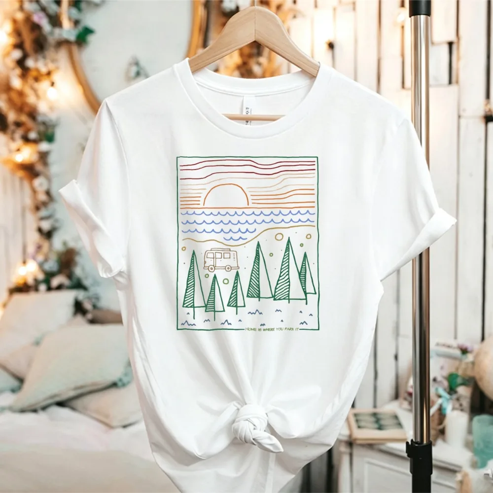 Women Minimalist Line Art RV Camping Cotton T Shirt Home Is Where You Park It Outdoor Graphic Casual Short Sleeve Tee Travel Top