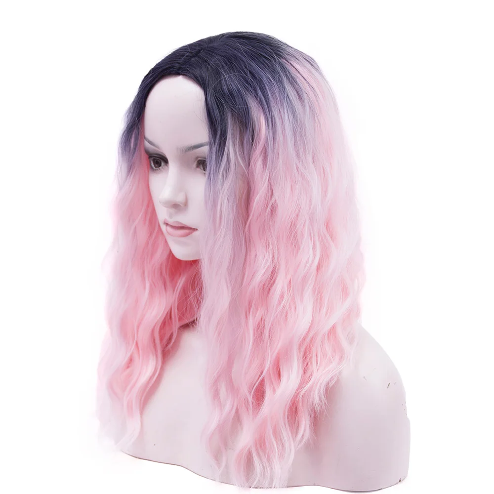 Loose Wavy Synthetic Light Pink T Black Wig with Bangs Ombre Long Cosplay Wigs 20 Inch For Women Daily Party Use Cosplay