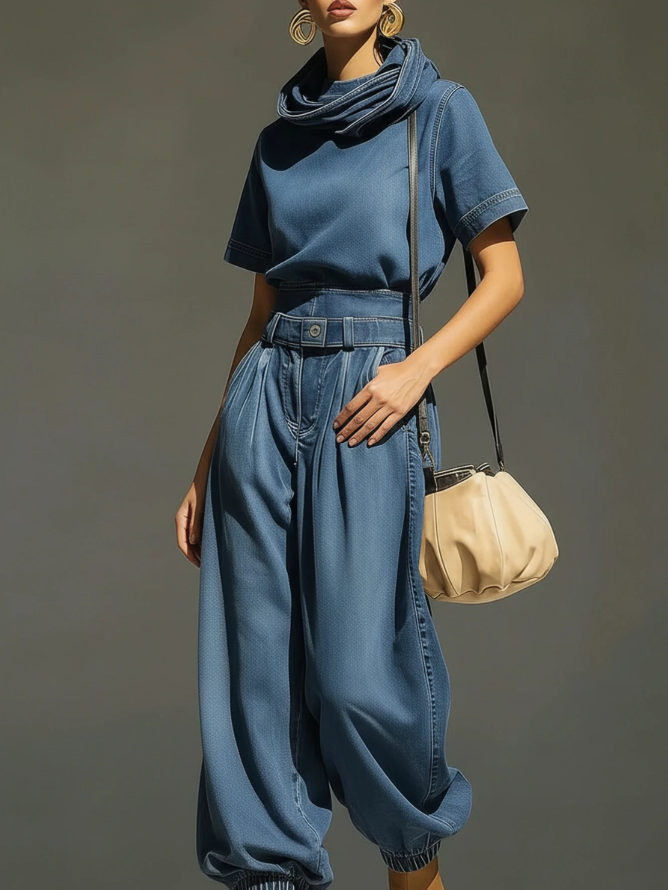 

Women Non Denim Cowl Neck Short Sleeve Top Belted Cuffed Jogger Pants Denim Style Two Piece Outfit