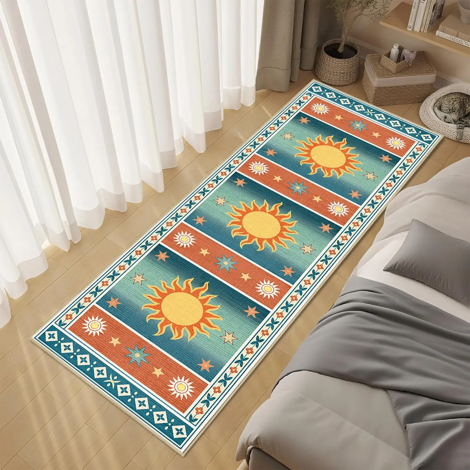 

Retro Tribal Sun and Star Themed Kitchen Mat, Non-Slip Washable Durable Floor Rug for Hallway,Kitchen,Bedroom and Entryway Decor