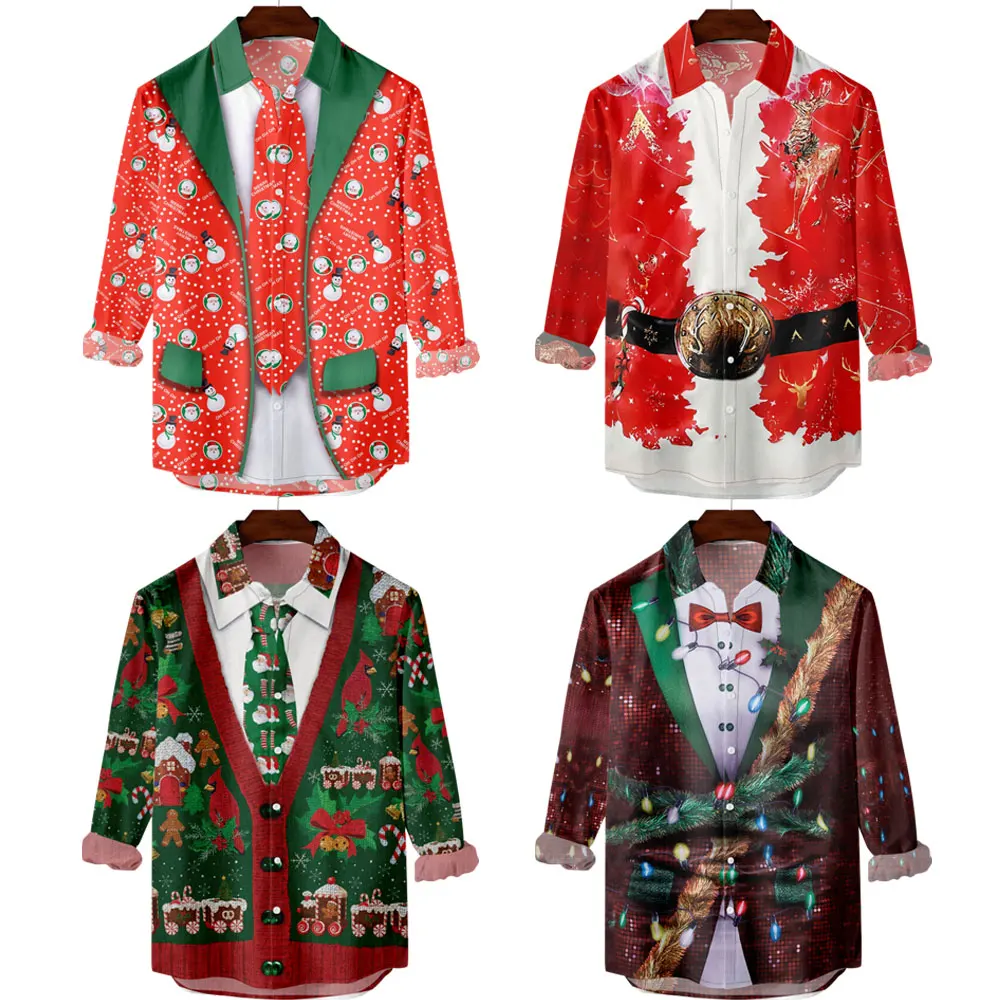 

Christmas Hawaiian Shirt for Men Long Sleeve Button Down Santa Vacation Dress Shirts