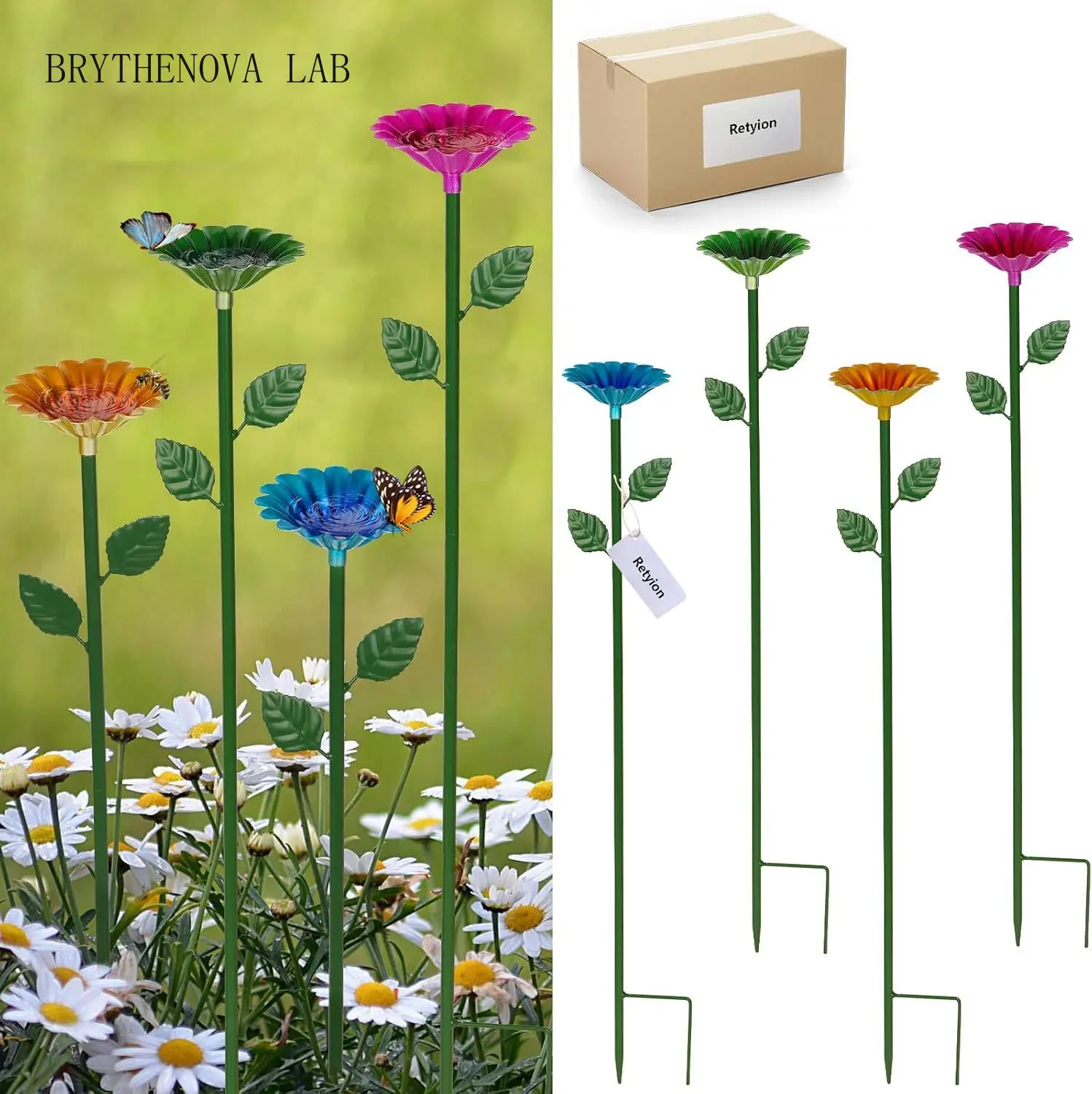 4 Pack Metal Bee Water Station Colorful Flower & Design Butterfly Bee Bath Feeder for Garden Yard Pollinator Decor