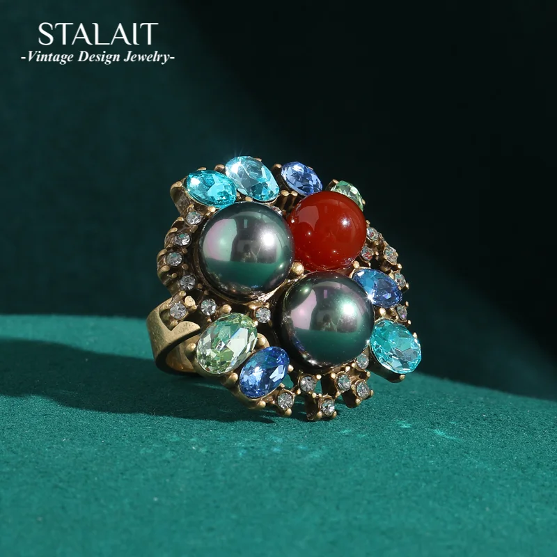 

Vintage Crystal Grey Pearl Flower Rings Woman Floral Glaze Gold Color Luxury Designer Antique Jewelry Accessories Thanksgiving