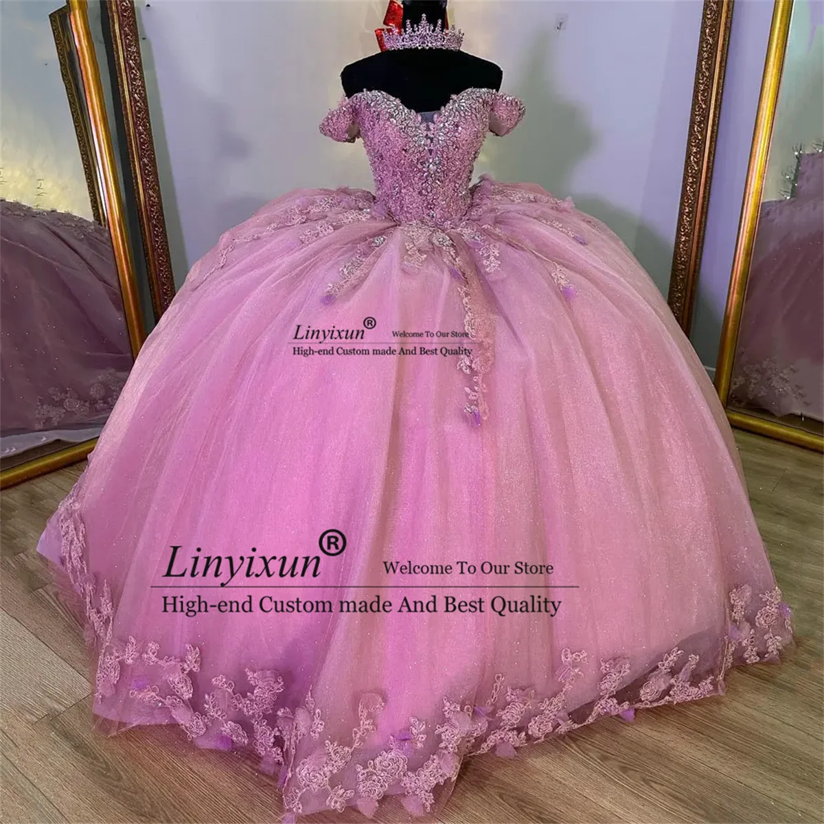 เม็กซิโกเจ้าหญิงบอลชุด Quinceanera ชุดที่กําหนดเองผีเสื้อดอกไม้ Appliques ลูกปัดคริสตัล Vestido De 15 Anos LACE-Up