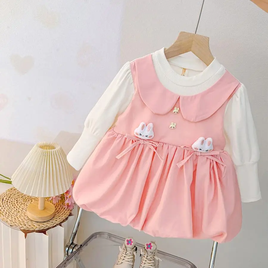 Baby Girl Pink Dress Cute Bunny Bow Decoration Soft Knit Long Sleeve Dress for Kids Girl Autumn Daily Casual Dresses
