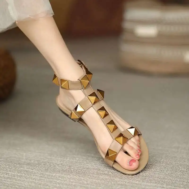 

Womens Soft Leather Studded Sandals Non-Slip Flat Heel European and American style belt buckle versatile sandals