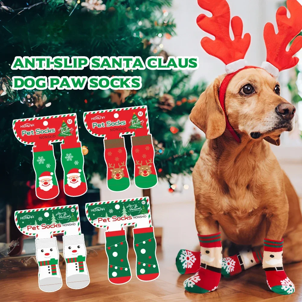 Christmas Socks for Santa Claus Elk Snowman Pet Socks Non Slip Foot Cover Christmas Supplies Dog Shoes for Small Dogs