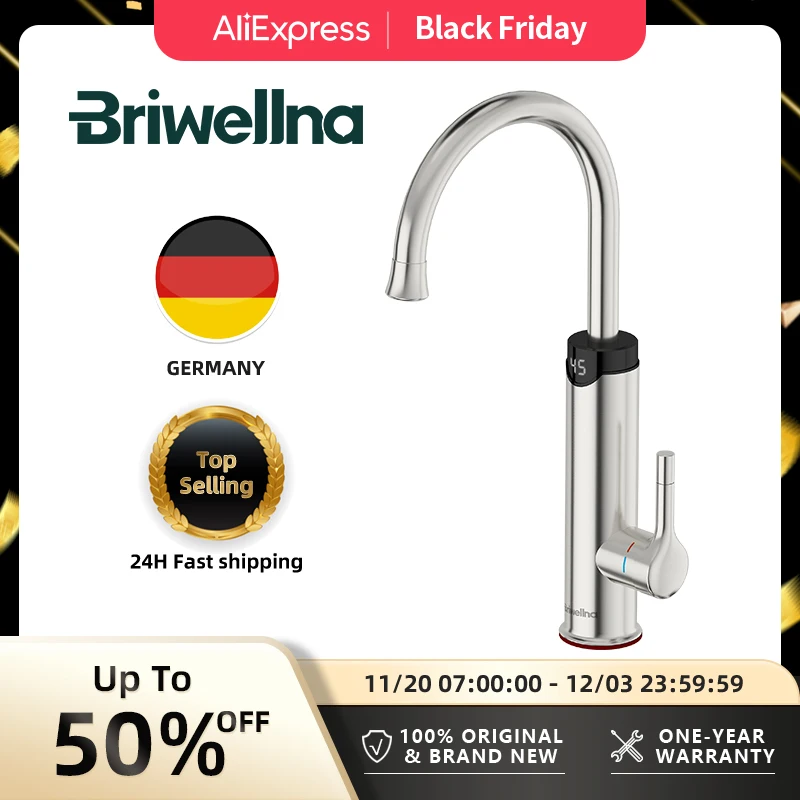 Briwellna Elektrischer Wasserhahn mit Digitalanzeige, sofortiger Warmwasserhahn, Heizhahn, elektrischer Warmwasserbereiter aus Edelstahl, Geysir