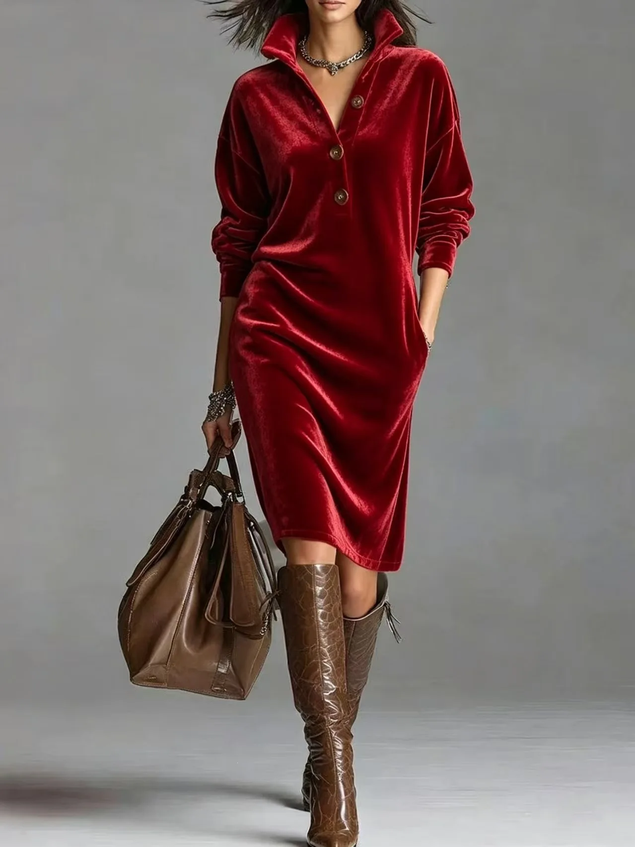 New European American Women Stand Collar Half Button Midi Dress Pullover Loose Straight Cut Casual Long Sleeve Ladies Dress