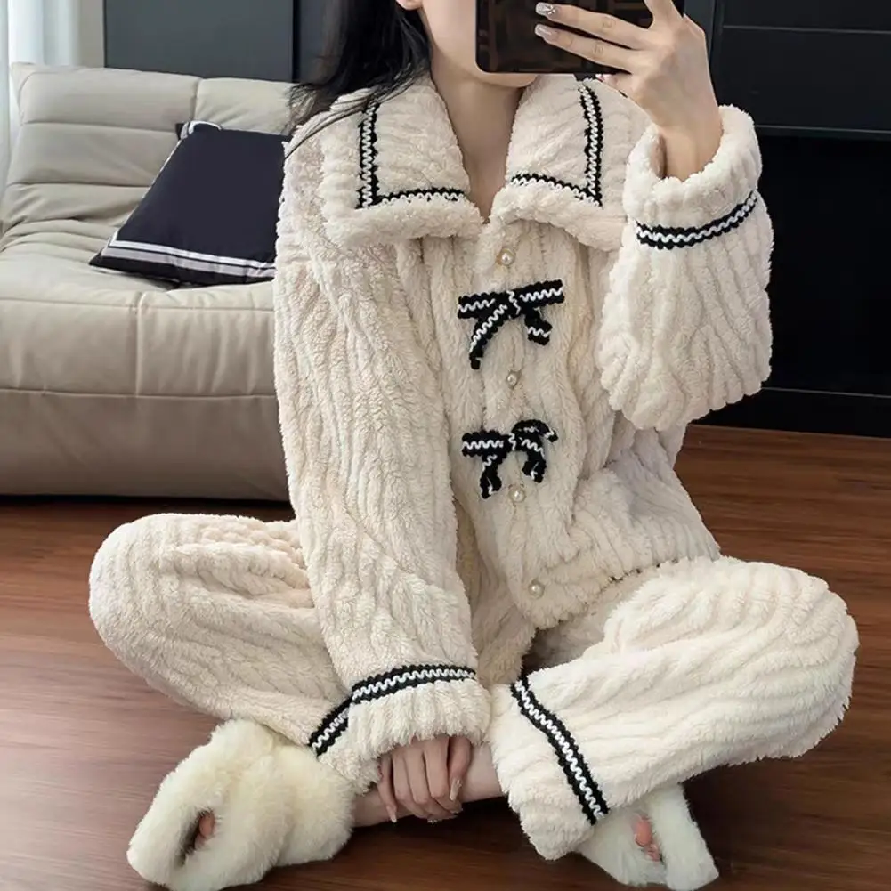

Women Pajama Set Lapel Long Sleeve with Geometric Stripes Plush Loungewear for 2pcs/set Bowknot Decor Tops