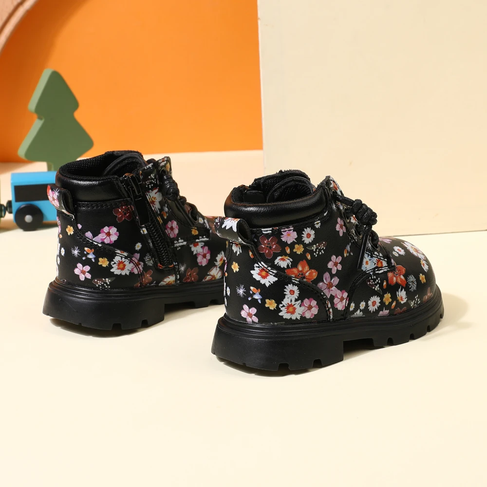 2024 New Autumn Baby Boots For Girls Leather Flower Ankle Boots Rubber Sole Zip Side Fashion Toddler Kids Boots 15-25