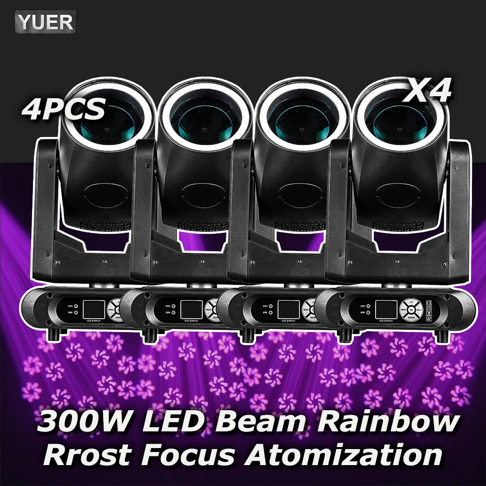 

4 шт./компл. Светодиодные вращающиеся головы Beam 300W с кольцевым светом и эффектом радужного фростинга для свадеб, концертов, дискотек, сцены, DMX
