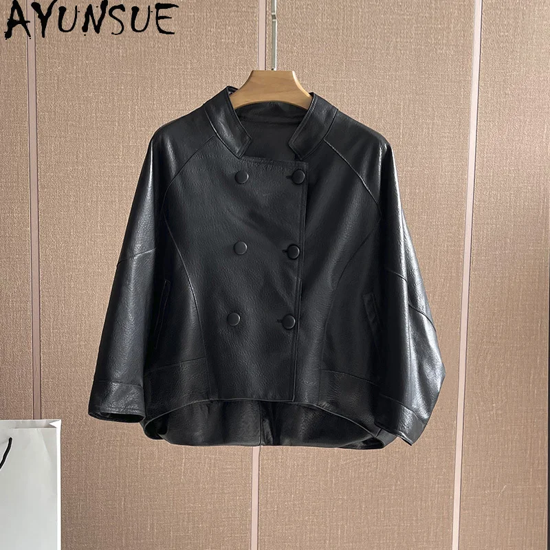 AYUNSUE 100% ของแท้Sheepskinแจ็คเก็ตหนังผู้หญิง 2025 ฤดูใบไม้ร่วงBatwingแขนหลวมแจ็คเก็ตเสื้อผ้าผู้หญิงสั้น 가자켓