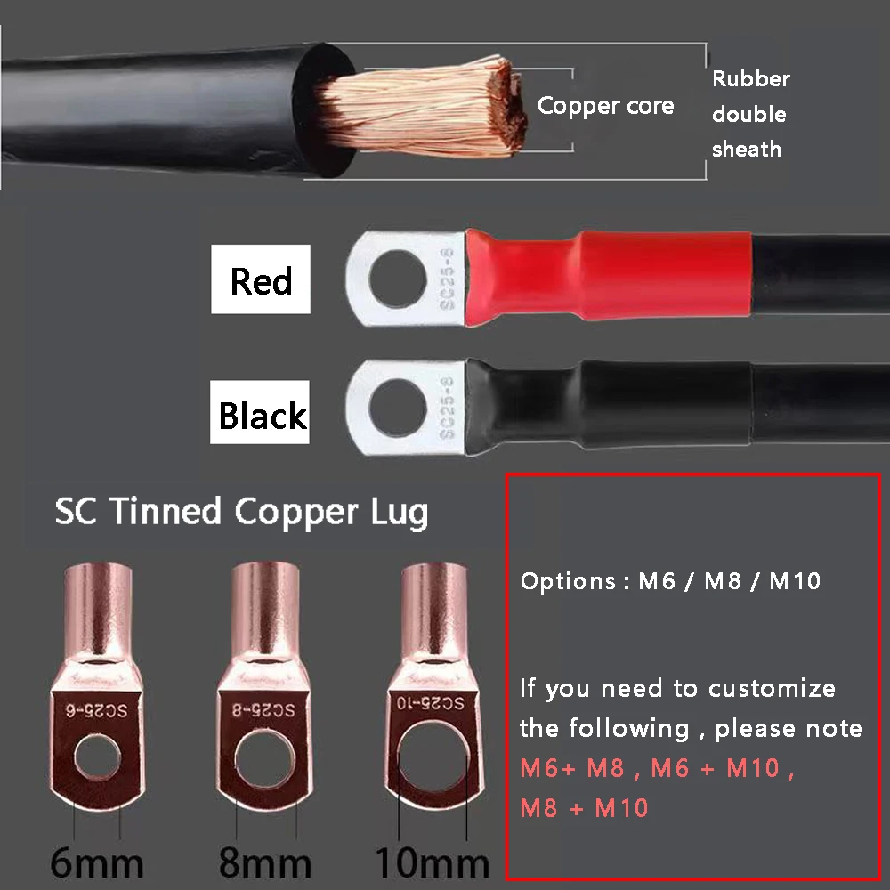 Soft Battery Connection Cable 8/6/4/2AWG Stranded Copper Wire 10/16/25/35mm2 with SC M6 M8 M10 Lug For Inverter Car Solar UPS