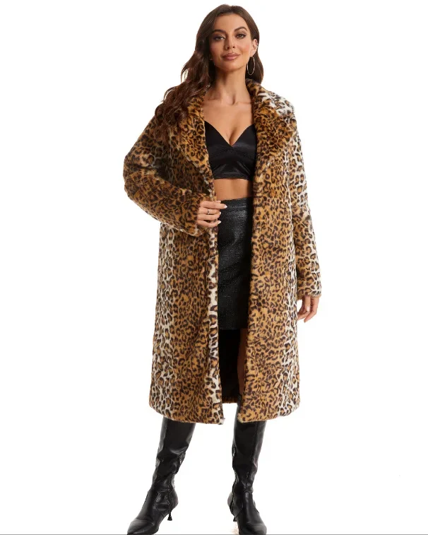 2024 Leopard Faux Fur Coat Women Long Coats Turn Down Collar Long Sleeve Autumn Winter High Waist Loose Maxi Elegant Jacket