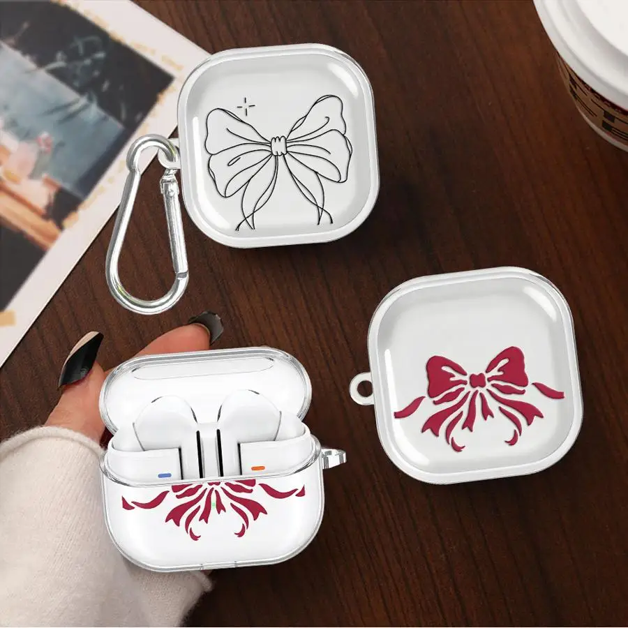 Red Bowknot Cute Design Case For Samsung Galaxy Buds 4 Pro 2 3 FE 3Pro Live 2Pro 4Pro Clear Earphone Cases Cover With Hook