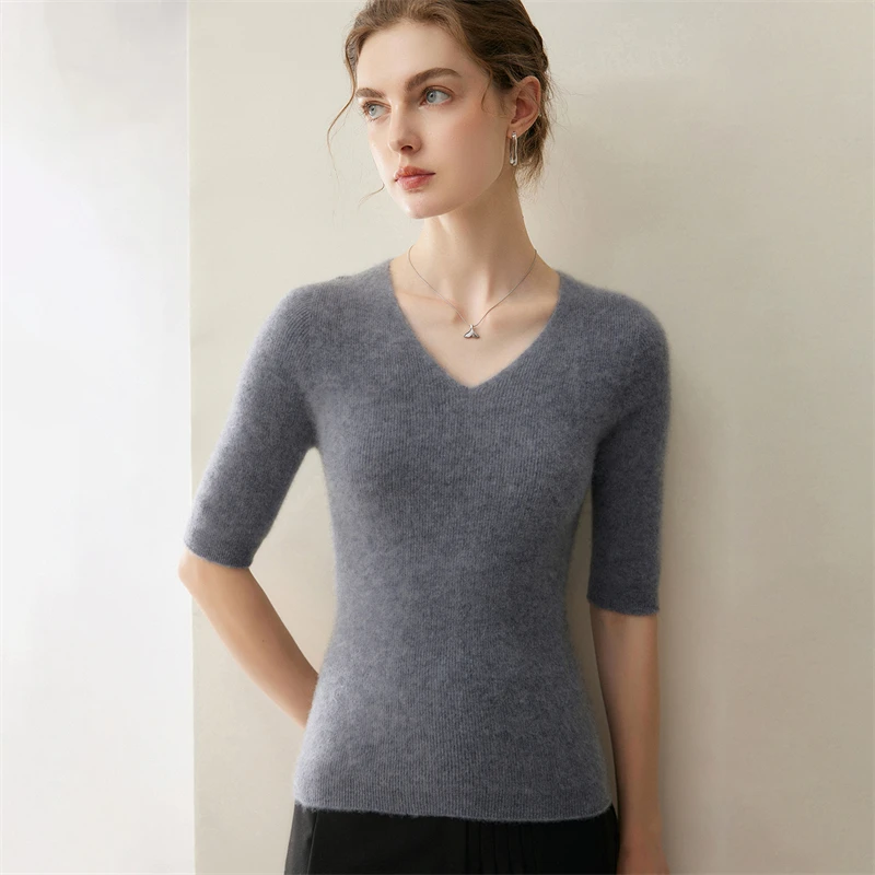 Ladies 100% Pure Cashmere V-Neck Knitted Three-Quarter Sleeve Sweater Slimming Base Layer Top