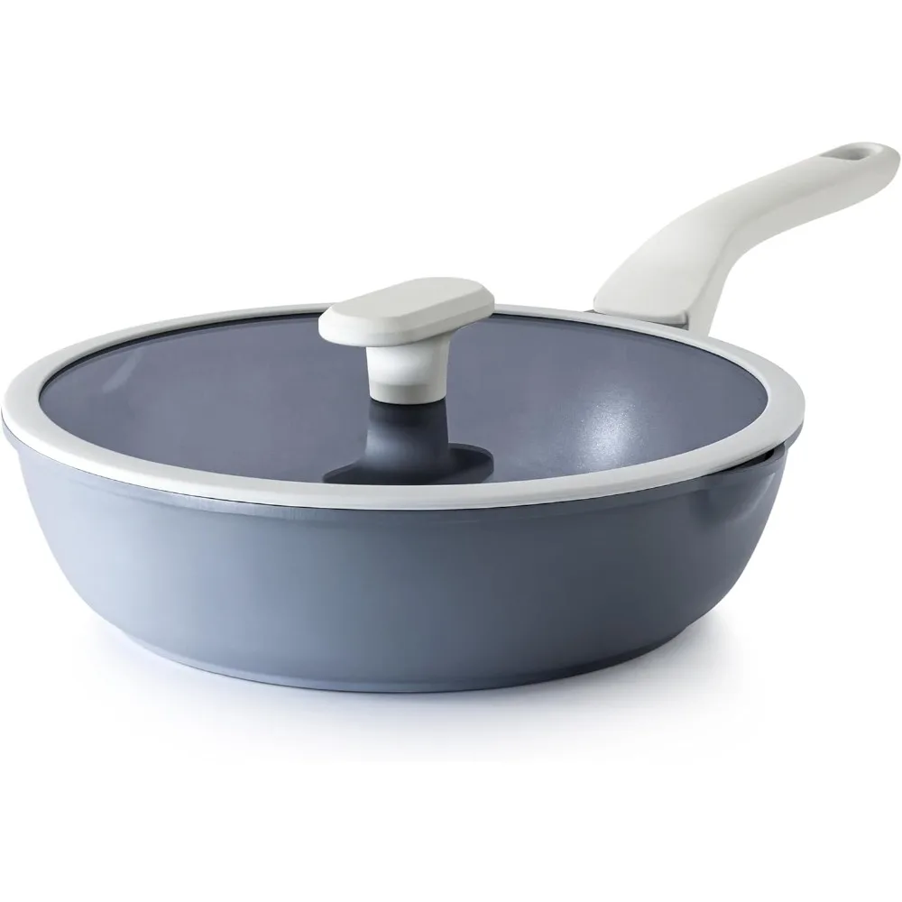 

10 Inch Ceramic Nonstick Deep Saute Pan with Lid, 3.2 Quart, Double Pour Spout, Helper Handle, and Lid