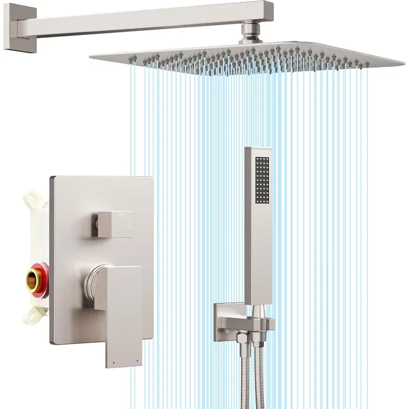 Shower System Brushed Nickel, Rain Shower head with handheld Shower Spray Combo, Rainfall Shower Faucet Set Complete