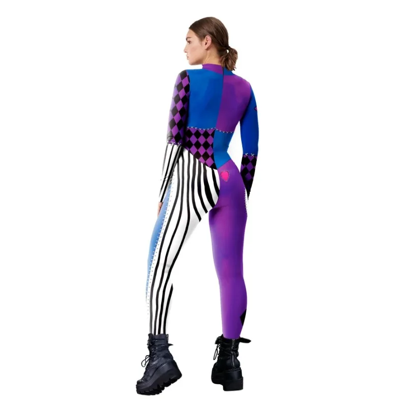 Funny Cosplay Clown Costume Disguise Outfit Carnival Halloween Party Long Sleeve Fitness Zentai Bodysuit Women Jumpsuit