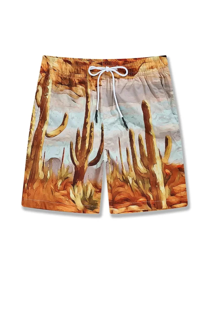 Calça de banho masculina, calções de praia, casual Harajuku Sports, secagem rápida, calças curtas retrô soltas, calções de praia havaiano com padrões paisagísticos 3D