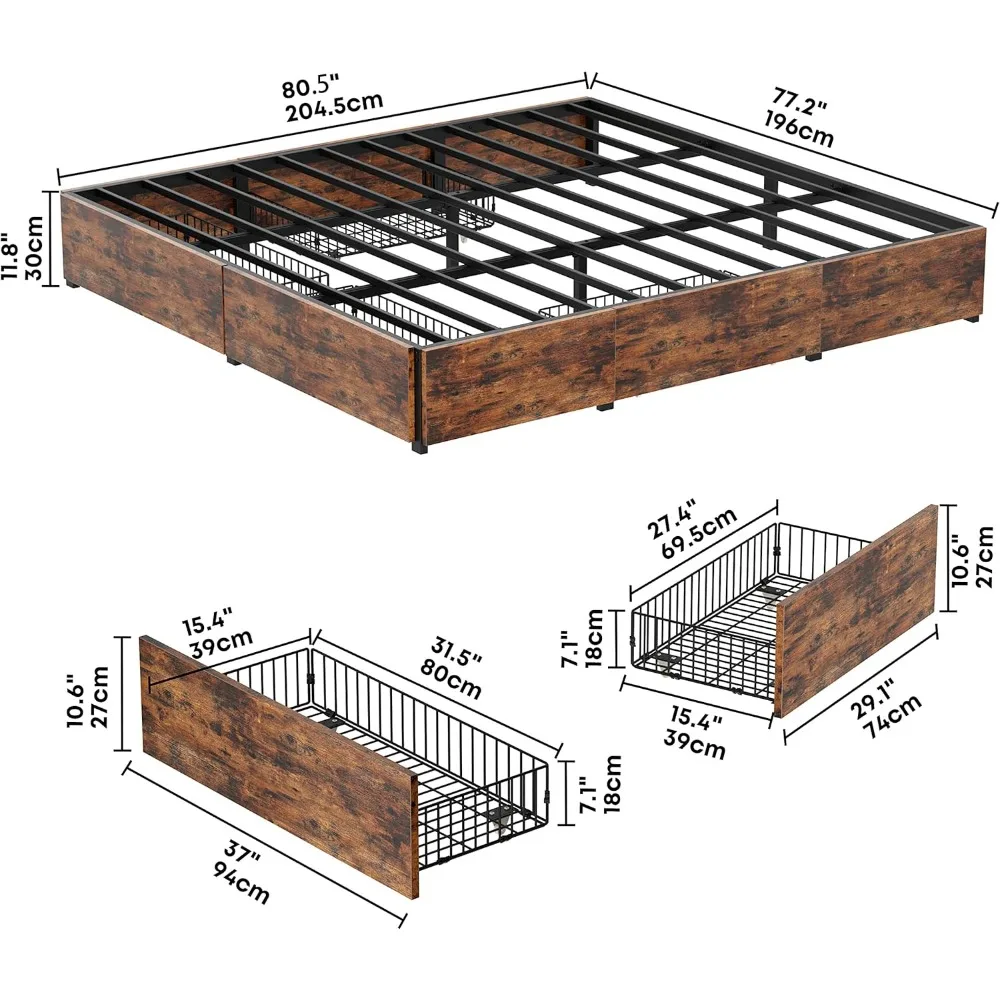 Quadros fortes pesados do apoio do metal, quadro da cama do rei com armazenamento, 4 gavetas, estável contínuo, ruído-livre, nenhuma mola da caixa necessária