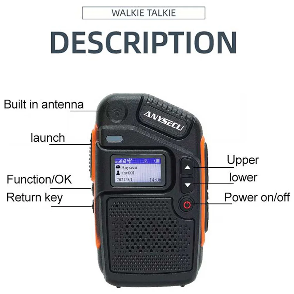 Anysecu C200 4G Radio sieciowe Real-ptt Long Talk Distance RTOS System Type-C Ładowanie GPS Mini POC Walkie Talkie