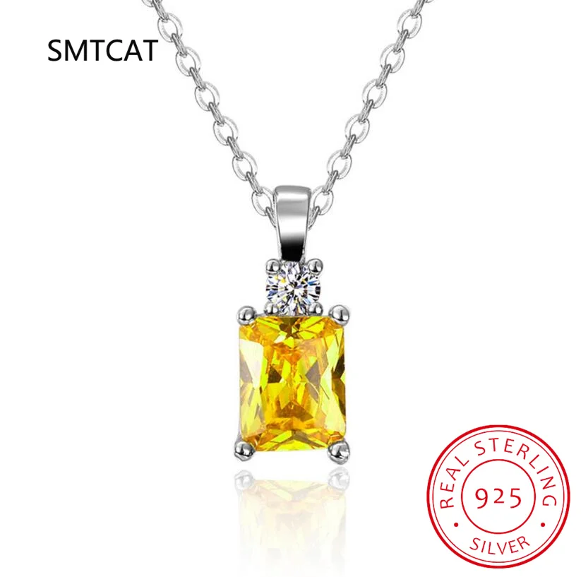 Emerald Cut Yellow Genuine Natural Citrine 925 Sterling Silver Square Pendant Necklace Gemstone Jewelry for Women Gift