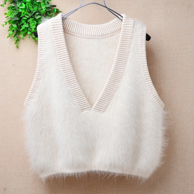 Ladies Women Spring Autumn Clothing Hairy Angora Rabbit Hair Knitted Sleeveless Loose Pullover Sweater Vest Mink Fur Jumper Pull