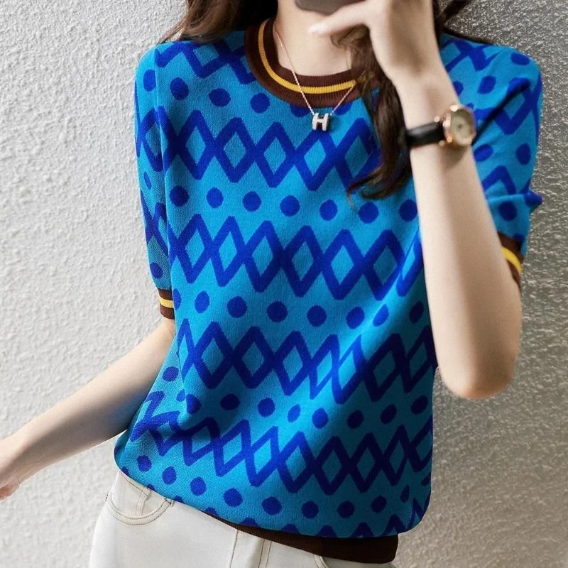 

Women's Fashion Ice Silk Knit T-shirt Spring Summer New O-Neck Short Sleeve Contrast Short Tops Tees Casual Elegant Clothing