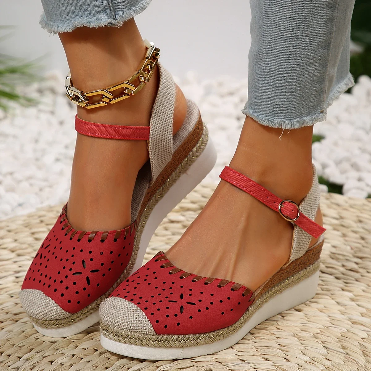Sandalias De cuña con punta cerrada para Mujer, alpargatas a la moda, Sandalias con plataforma, zapatos De gladiador con correa y hebilla para verano, Sandalias De Mujer