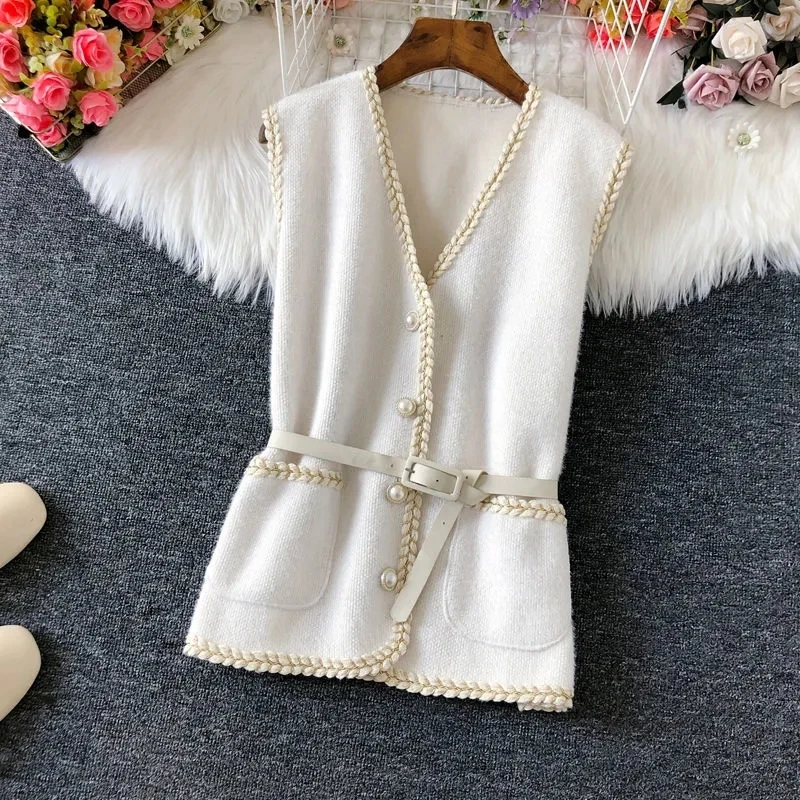 Vintage Cropped Knitted Sweater Vest Jacket Women Korean Pearl Button Belted Waistcoat Casual V-Neck Sleeveless Short Tank Tops