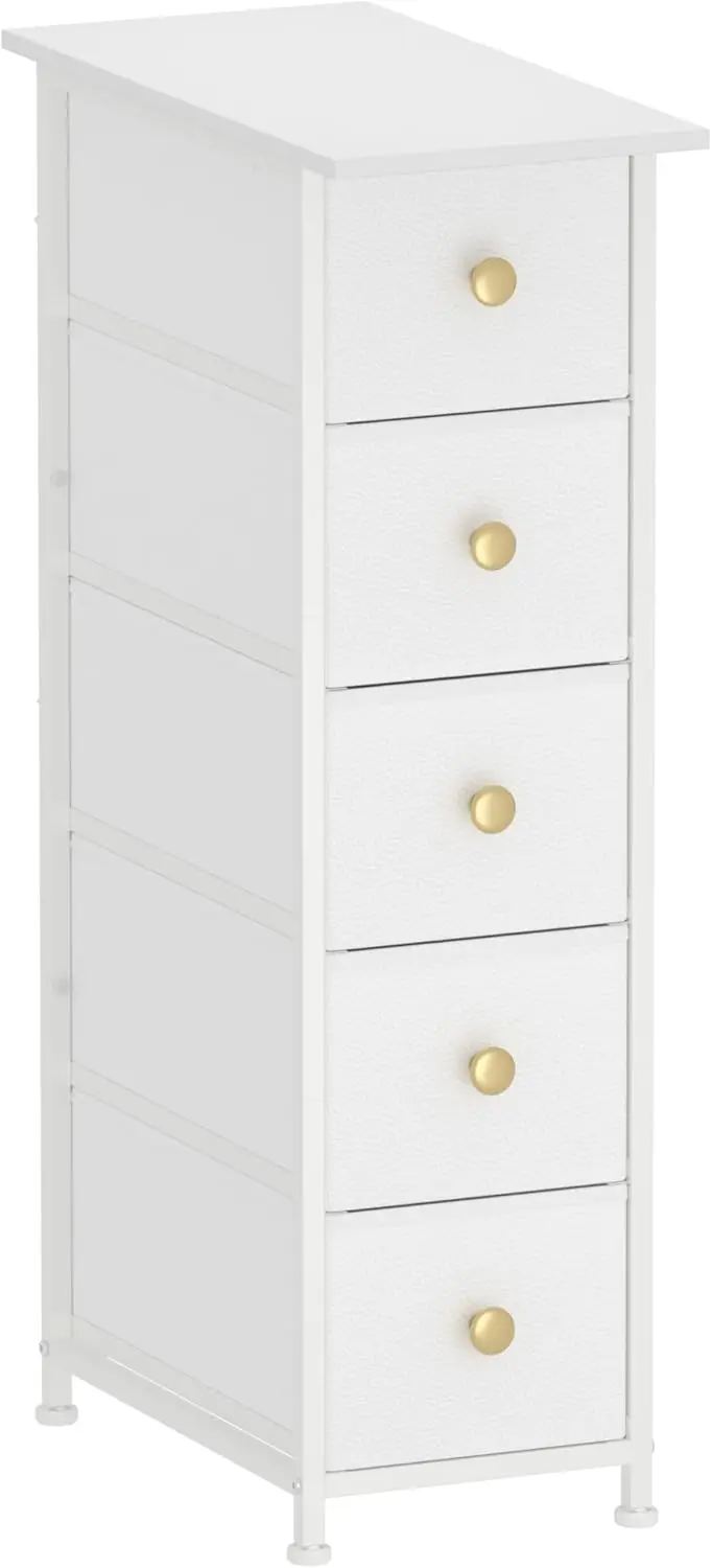 

Narrow Dresser Cabinet. Slim Chest of Drawers. 5 Drawers. Fabric Unit. For Bedroom, Bathroom. White.