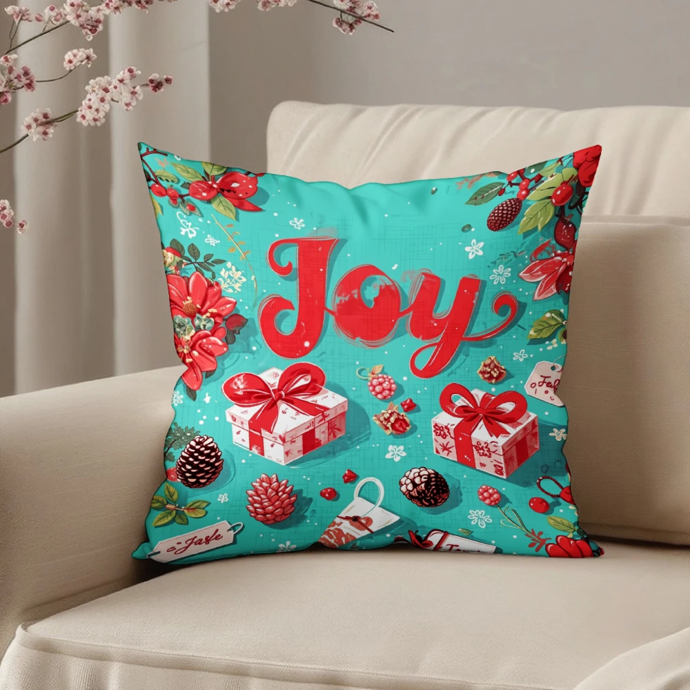 Square Throw Pillow Cover Turquoise Blue Joy Text Christmas Gift Box Pinecone Floral Print For Living Room Sofa Bedroom Home