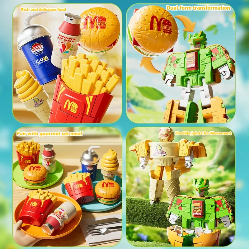 Transformerend robotspeelgoed, voedselsimulatie Hamburger Frietjes en drankjes, creatief vervormingsrobotmodel, leuk cadeau voor kinderen jongens meisjes