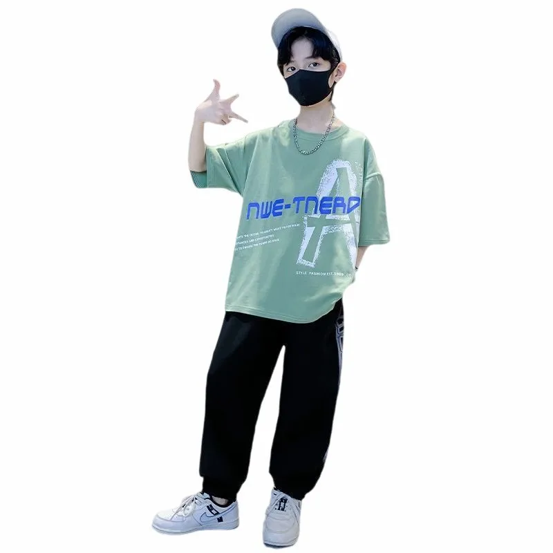 2024 summer Teenager Boys Clothes Casual Kids Tracksuit Child t shirt + Ankle-tied long pant 4 5 6 7 8 9 10 12 11 13 14 Year