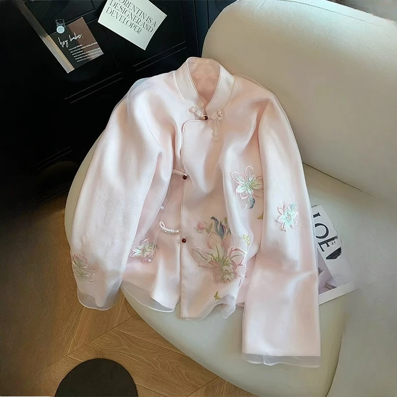 Chinesischen Stil frauen Blusen Stickerei Vintage Tops Mode Lose Sommer Kleidung Lange Ärmeln Chiffon frauen Shirts