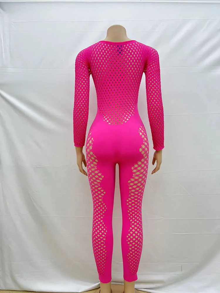 FHSEER Women's Plus Size Sexy Jumpsuit Fishnet Hollow Out Bodycon Long Sleeve Stretchy Jumpsuit Sexy Club Party Outfit image 5
