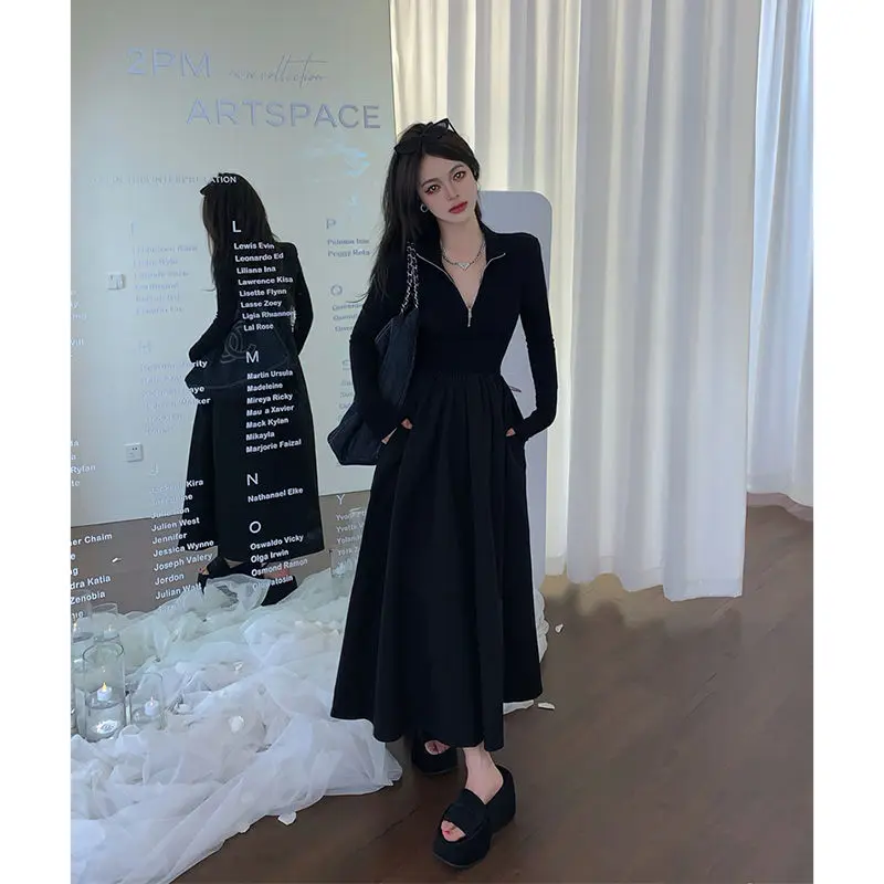 French Style Design Patchwork Dress, Korean Version, New Collection with Waist Cinching and Slimming Style Long Sleeved Large