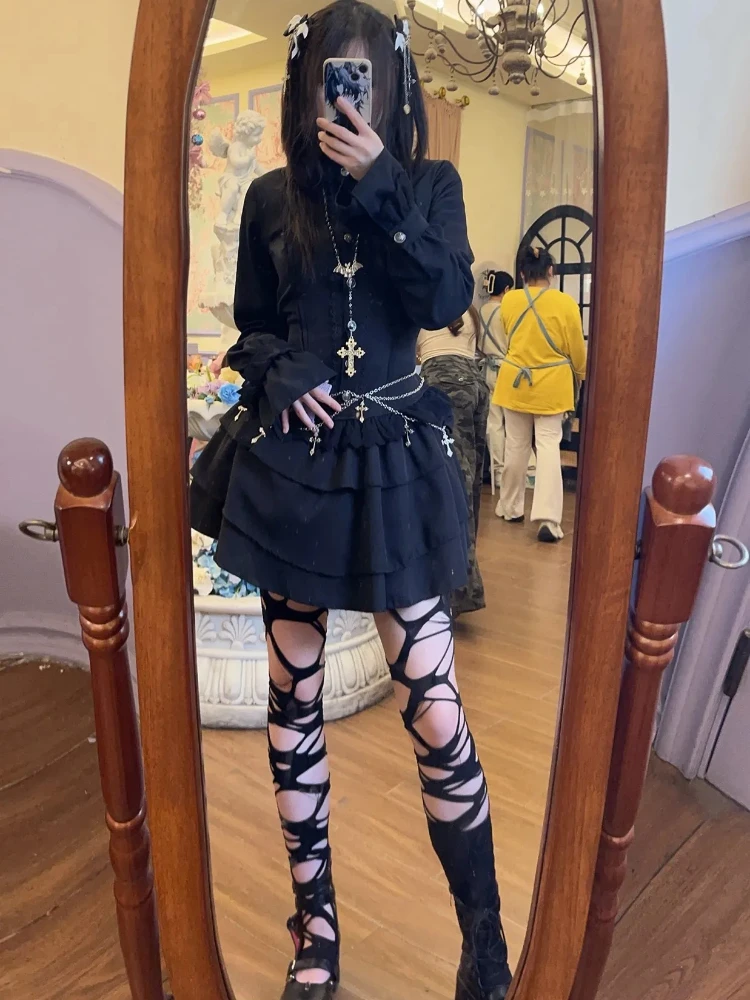 القوطية نمط خمر أنيقة الدانتيل يصل فستان المرأة تصميم شارع العليا الأسود لوليتا فستان نحيل الإناث Y2k كوريا نمط شيك وتتسابق #5