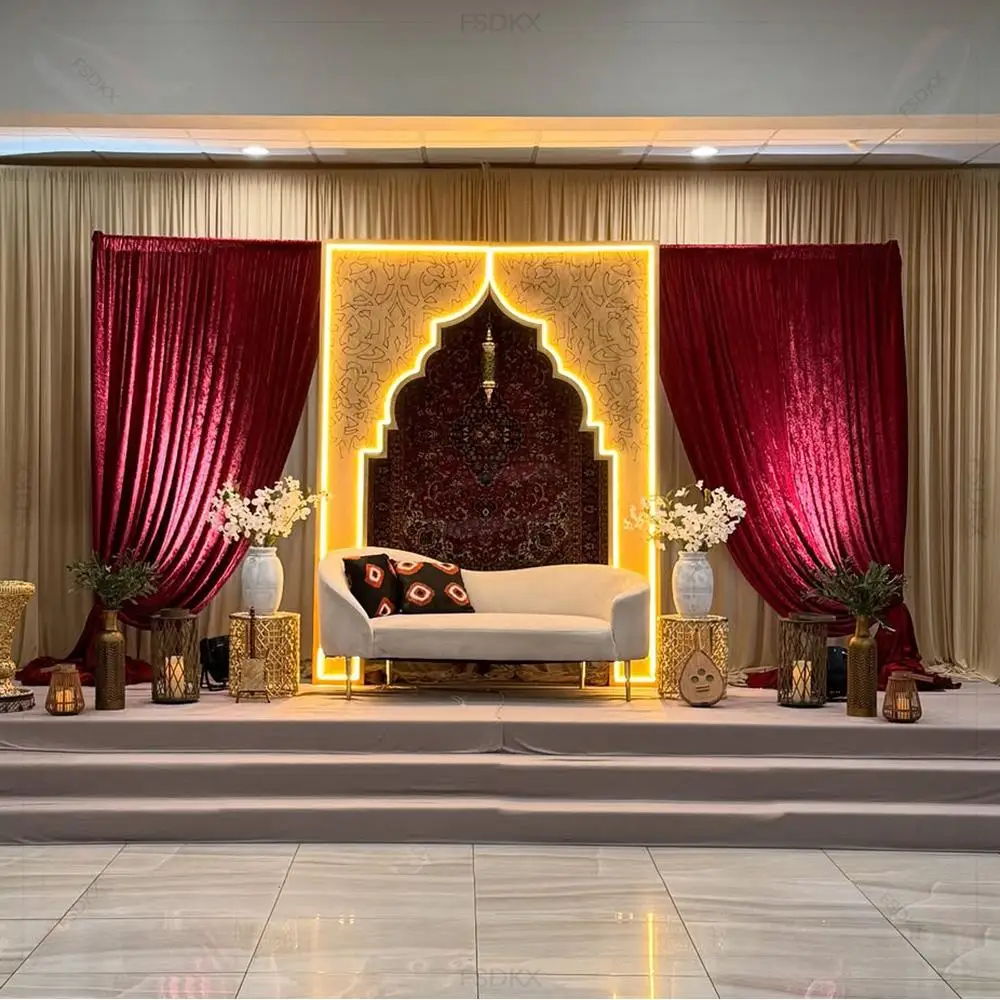 

FSDKX Gold LED Light Luxury India Style Hollowed-out Wedding Backdrop Stand Decoration Gold Royal Hollow Arch for Wedding Party