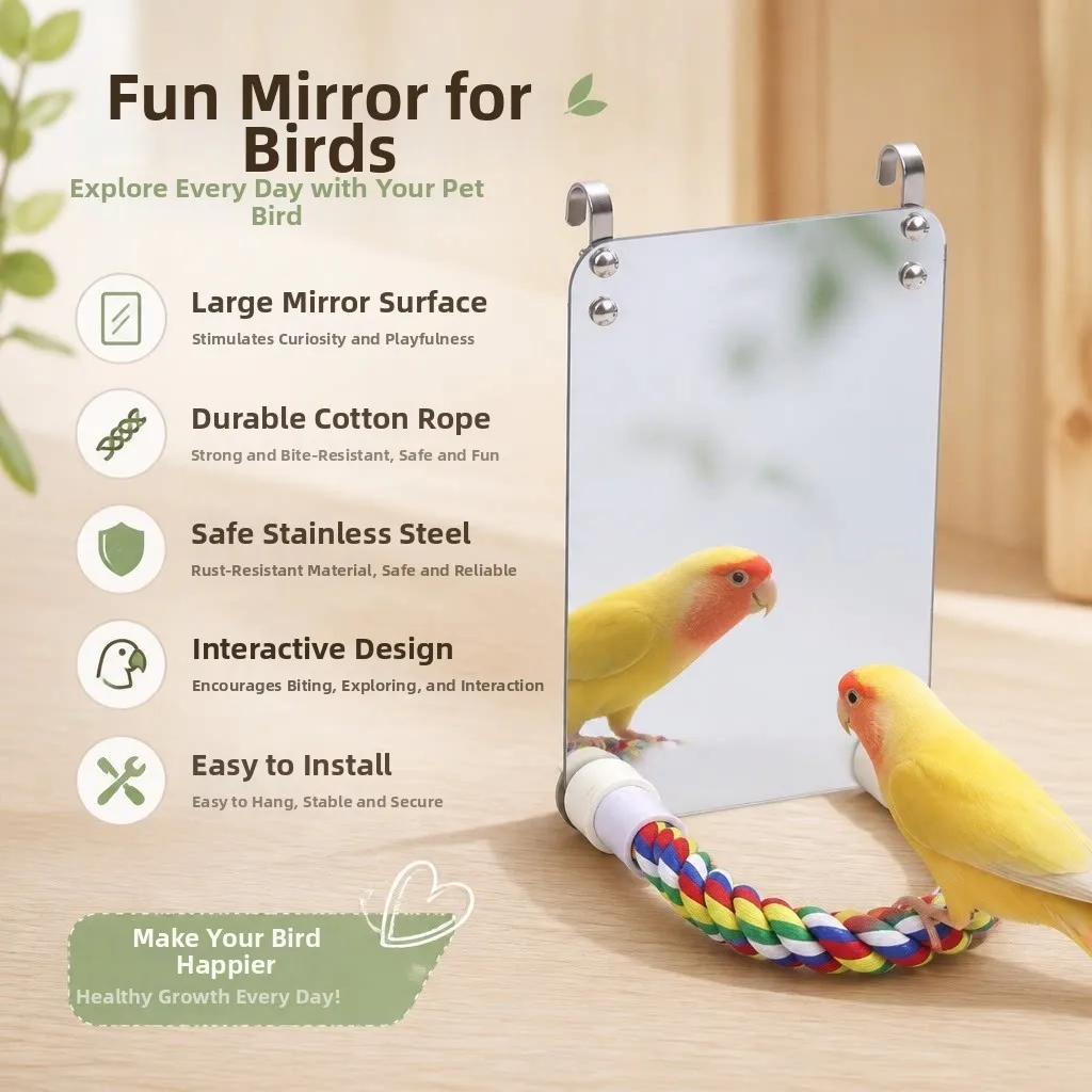 Mirror and Rope Bird Toy for Parrots with Stainless Steel Stand - Supports Behavioral Enrichment and Daily Exercise Routine