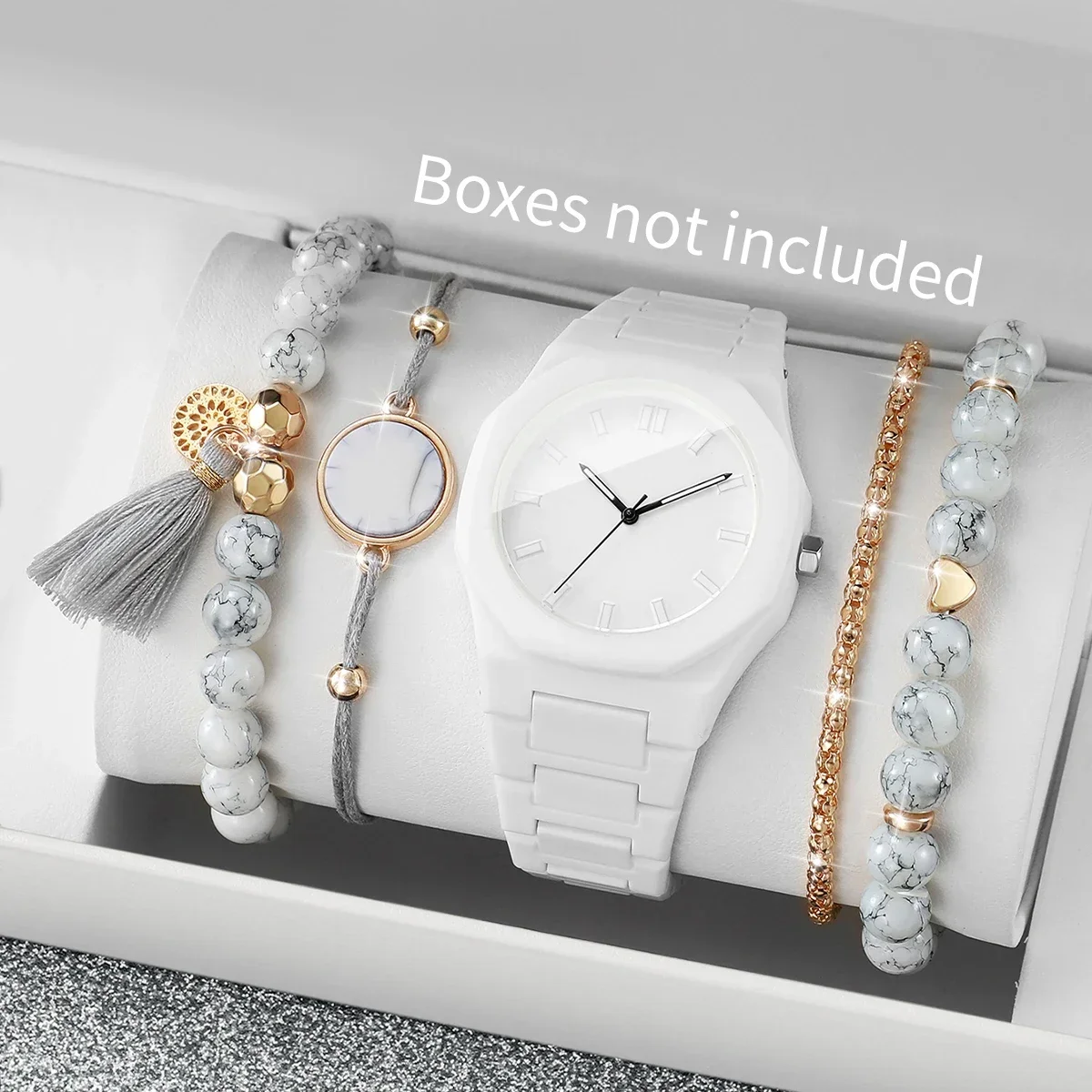 5-piece women's fashion watch bracelets set casual plastic band girls clock watch for women (without case)